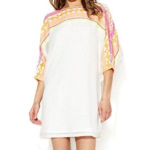 Ranna Gill for Anthropologie White Swiss Dot Neon Embroidered Tie Belt Dress, XS